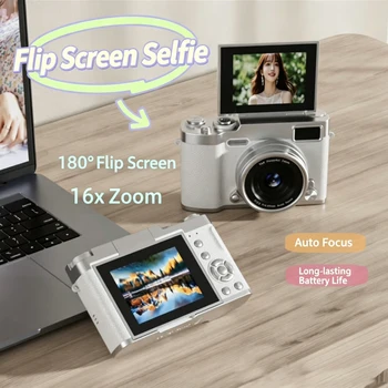Fotocamera Digitale CCD 4K Ultra HD con Schermo Ribaltabile, Compatta e Portatile 180° °   Fotocamera per selfie con schermo ruotabile per viaggi e campus