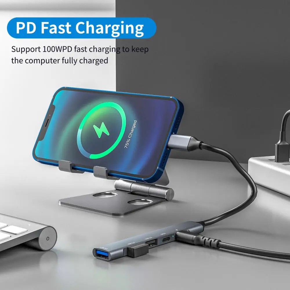 RYRA USB-C 확장 도크, USB 3.0 USB-C 5 포트 멀티 스플리터 어댑터, 맥북 PC 노트북 지지대 PD 65W 고속 충전