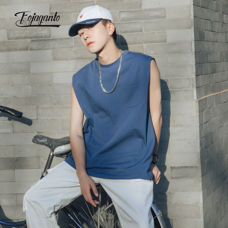

FOJAGANTO Men's Summer New Vest Trend Loose Solid Color Pocket Vest Hong Kong Style Loose Round Neck Sleeveless T-Shirt Men