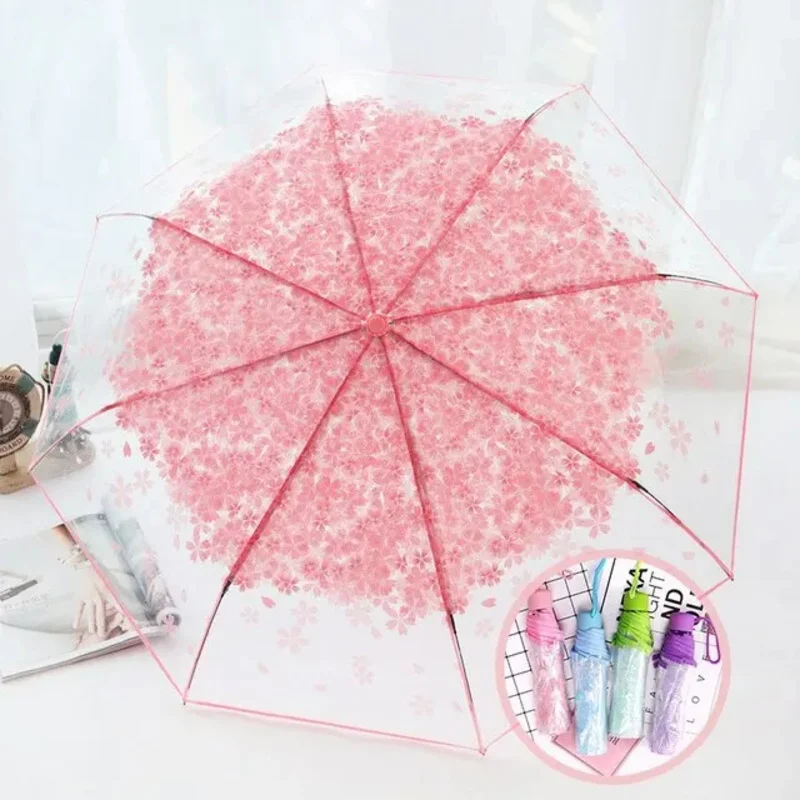 Umbrella 3 Fold Umbrella Rain Gear Fashion Cherry Blossom Transparent Fresh Simple Protect Against Wind Clear Rain Gear