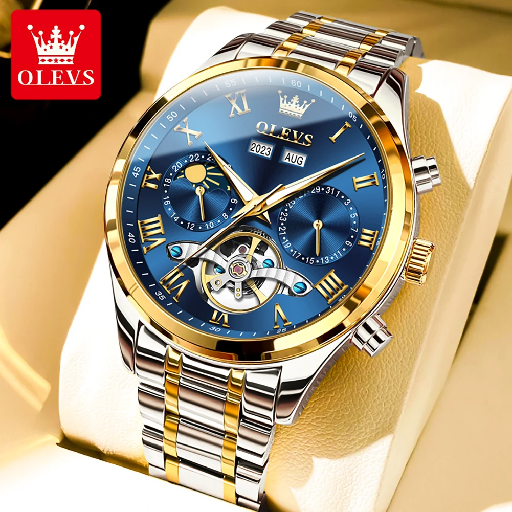 OLEVS Fashion Blue Multifunctional Mechanical Watch for Men Stainless Steel Strap Waterproof Automatic Tourbillon Watches Mens