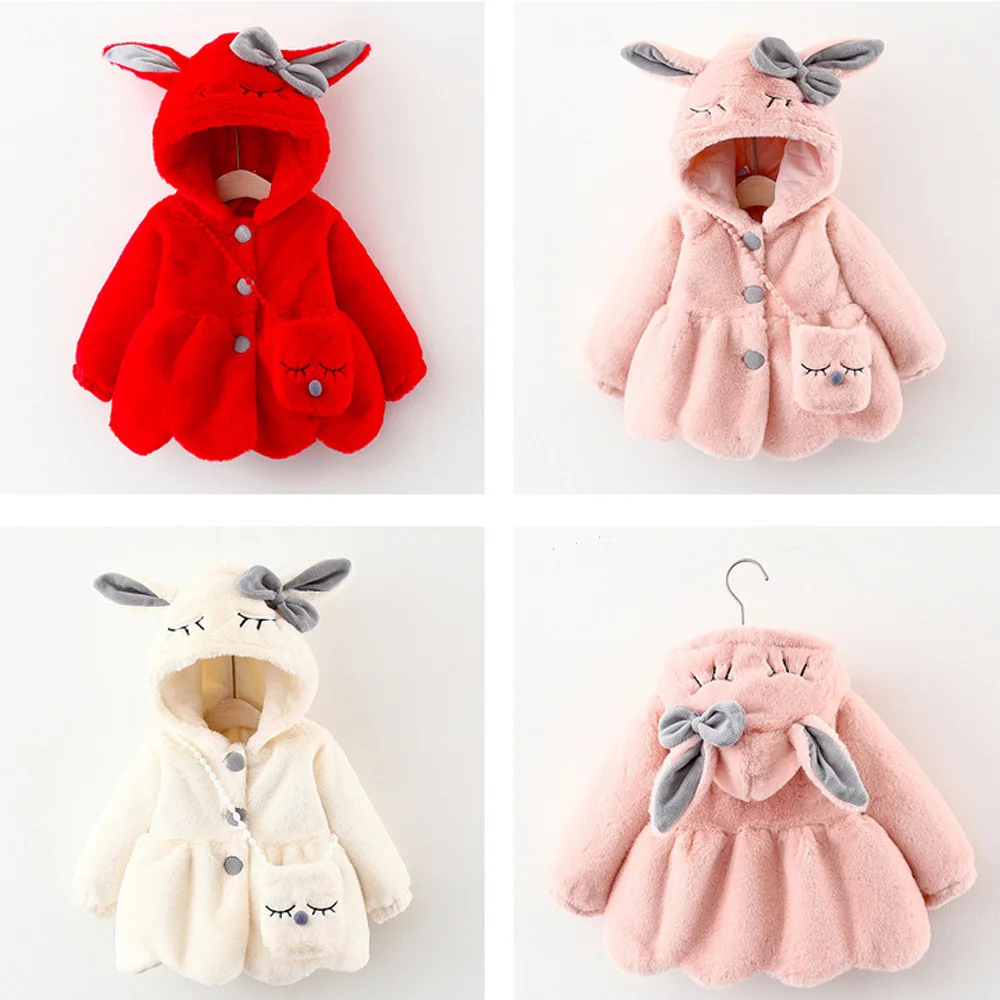 

Детская зимняя теплая куртка для девочек, милый шерстяной свитер с кроличьими ушками, детское бархатное пальто с бантом и мешочком в виде кролика для детей 9-4 лет