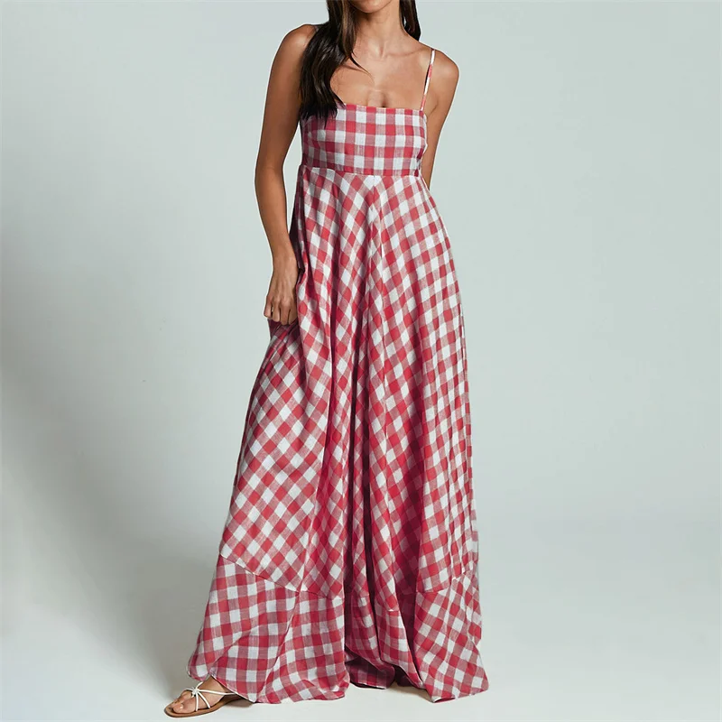 Summer Long Dresses Women Plaid Print Spaghetti Strap Sleeveless A Line Dresss Vacation Party Dresses Beachwear