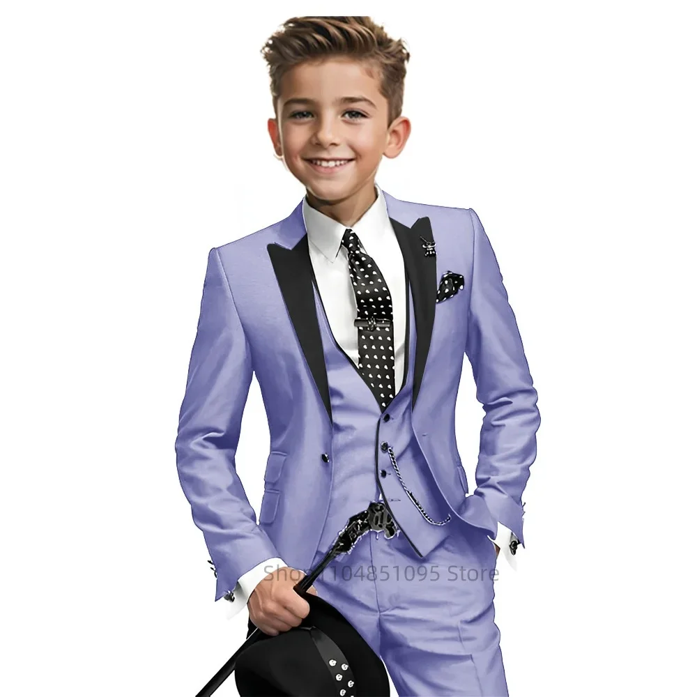 High-end Purple Solid Boy Suits Elegant Peak Lapel Single Breasted Three Piece Fashion Business Casual Wedding Party Tuxedos