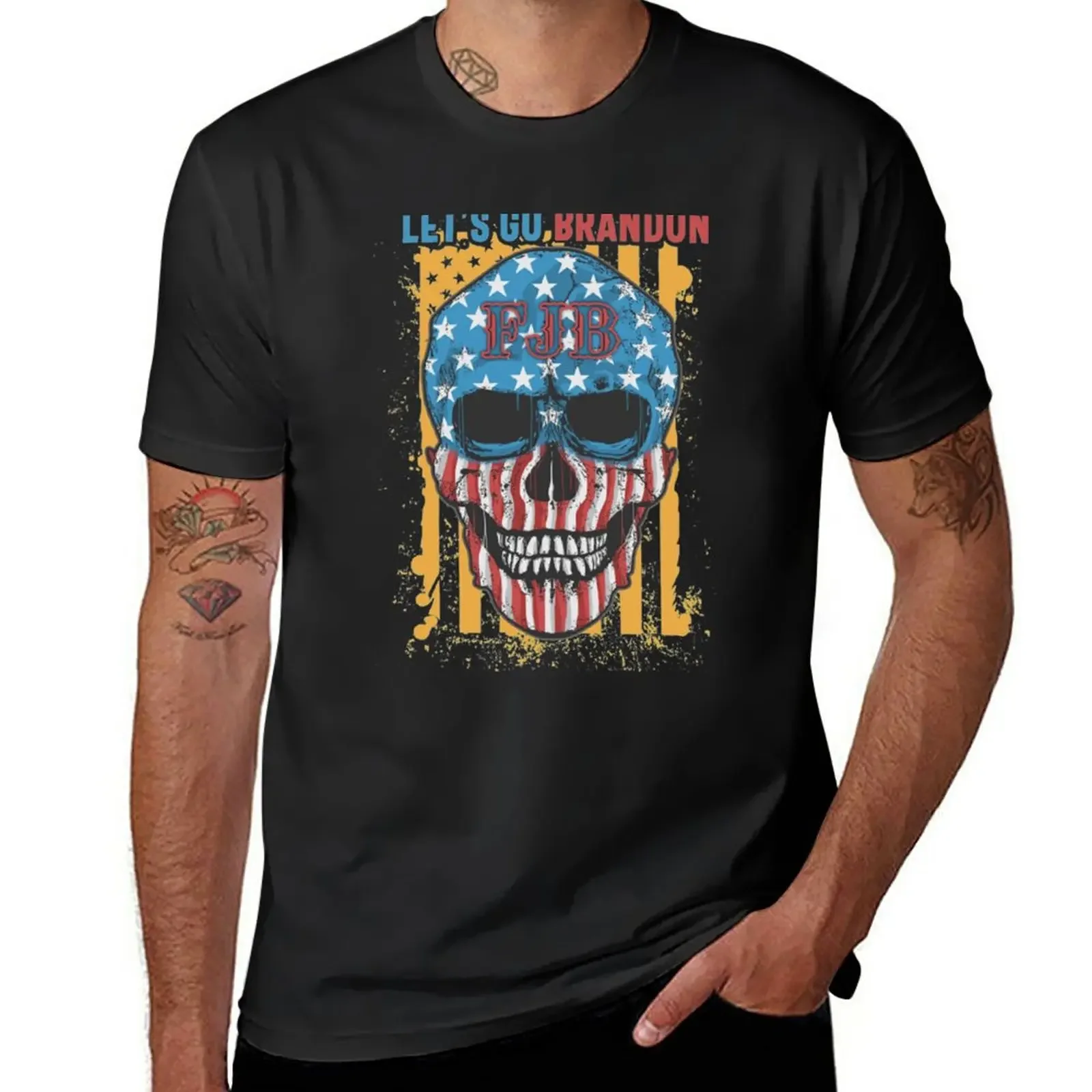 

Let's Go Brandon Chant sarcastic Conservative Vintage US Flag Halloween Skull T-Shirt tees graphics workout shirts for men