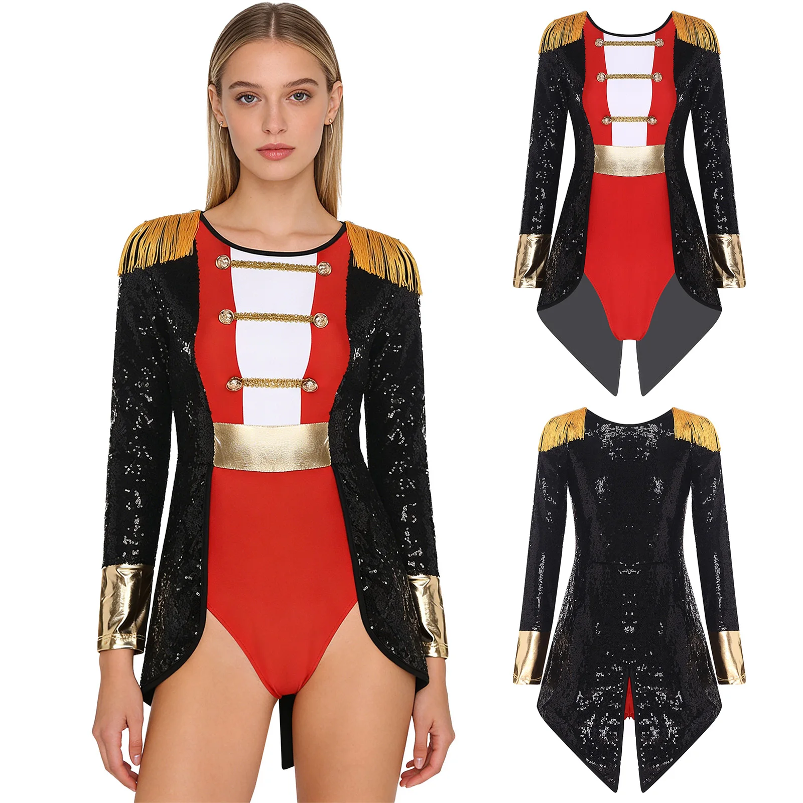 Damen Zirkus Zirkusdirektor Magier Löwenbändiger Halloween Cosplay Kostüm Gymnastik Host Showman Rock Trikot Body Overall – Detail 3