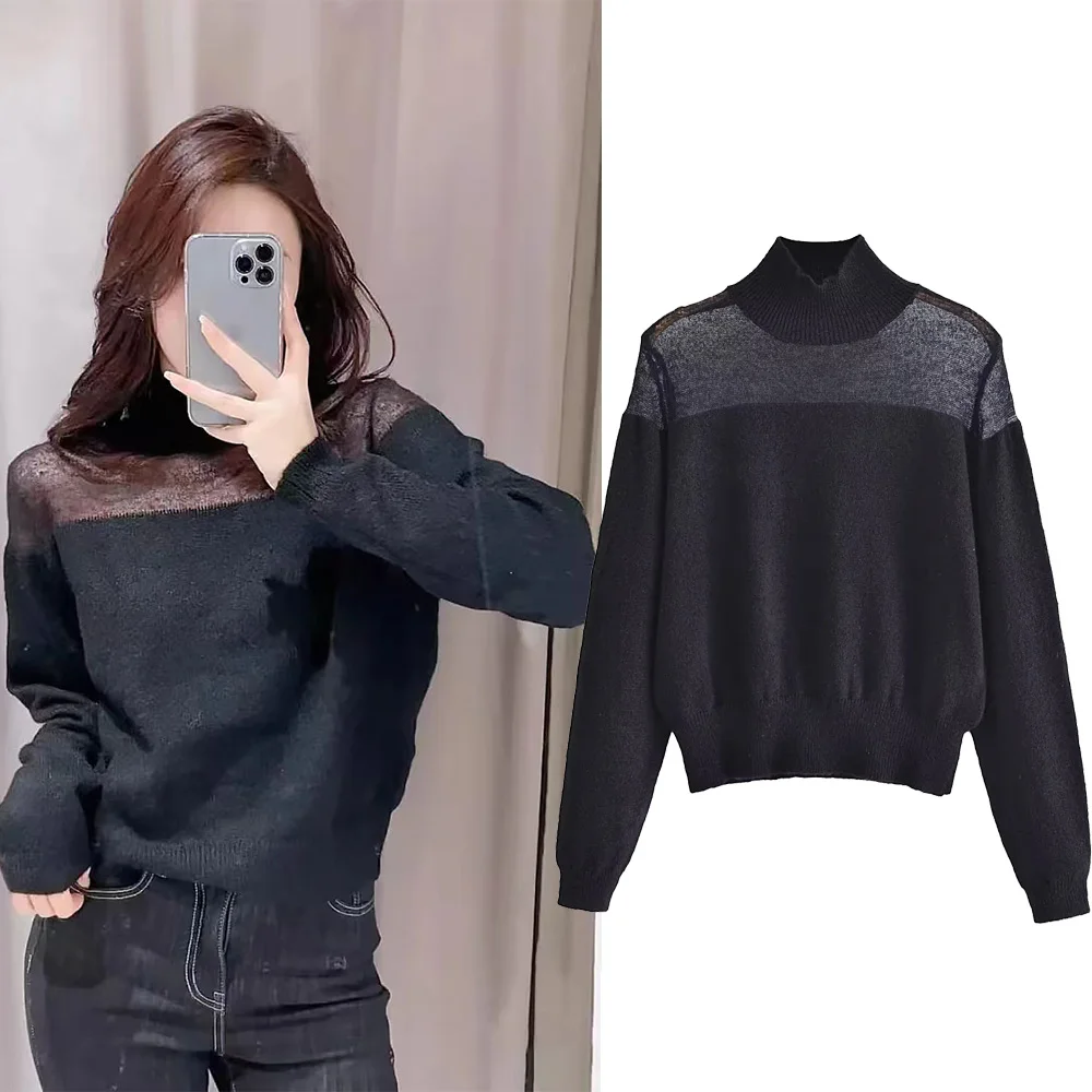 

TRAF Perspective Shoulder Splice Knit Tops High Collar Long Sleeves Woman's Pullovers Fashion New Black Knitted Top For Woman