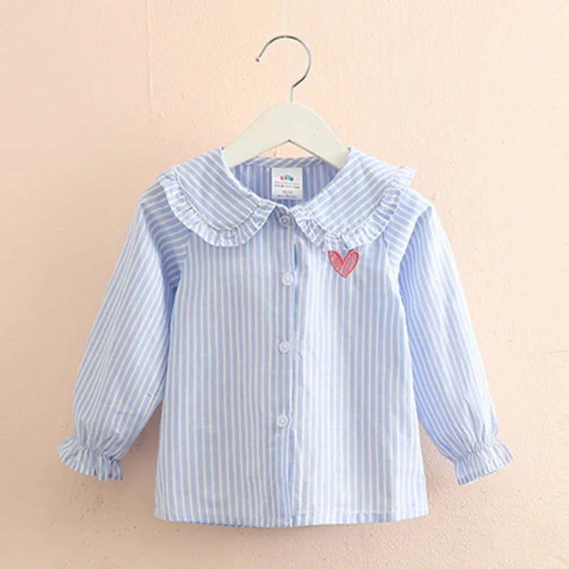 Spring Autumn 2 3 4 5 6 8 10 Years Children Long Trumpet Sleeve Striped Doll Collar Cotton Kids Baby Blouse Shirt For Girls