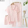 Women's Summer Pajamas 3 Pieces Set 100% Cotton Female Sleepwear Pajamas Sets Short Sleeved Long Pants and Shorts Suit Female