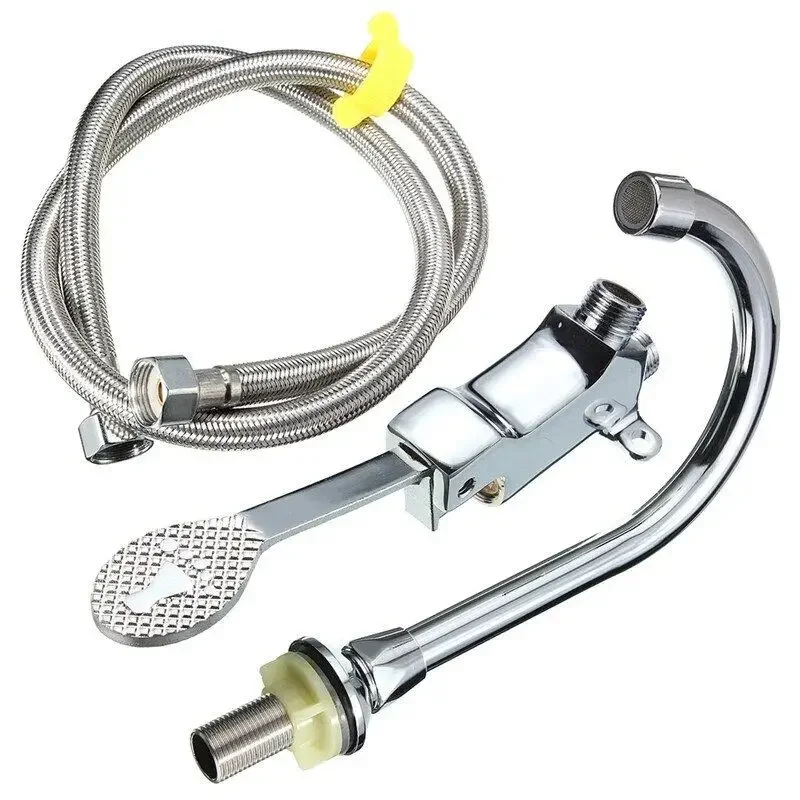 

Foot Pedal Valve Faucet + 1M Flexible Hose and Foot Plate Copper Vertical Basin Single Cold Faucet for Hotel Bathroom Hospital