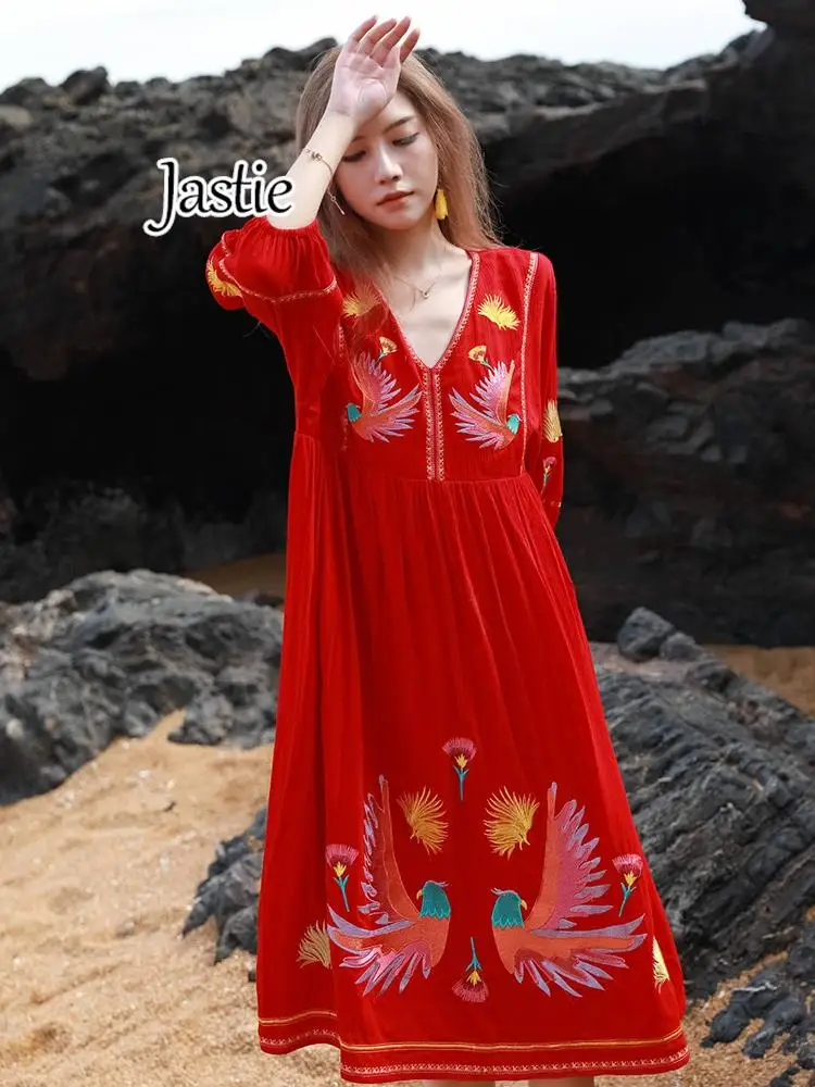 

Jastie Bohemian Vacation Seaside Long Dress 2024 Spring And Summer Ethnic Embroidered Beach Dresses Loose Casual Women's Dress