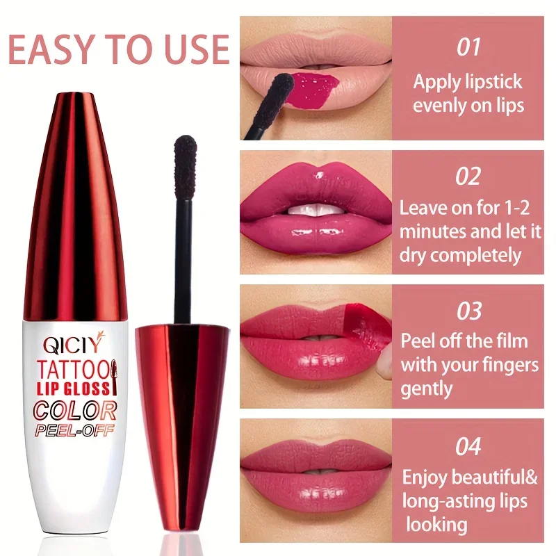 QICY Tattoo Lip Gloss Peel-Off Long-Lasting Moisturizing Liquid Lipstick with Waterproof Non-stick Cup Glossy Finish Nourishing 5