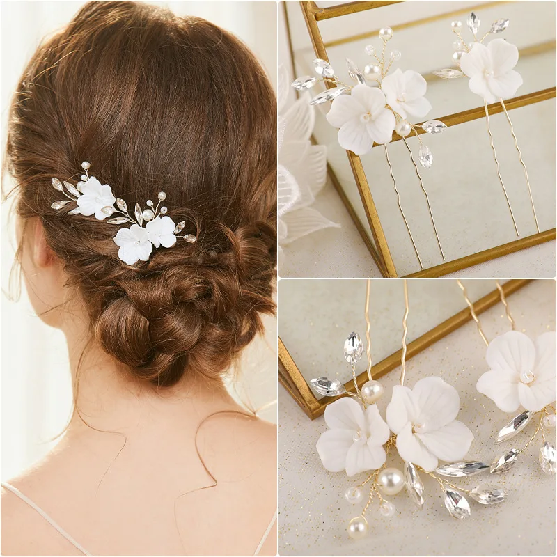 Floralbride Alloy Leaf Ceramic Flower Rhinestones Crystal Pearls Bridal Hair Pins Wedding Hair Sticker Women Hair Accessories