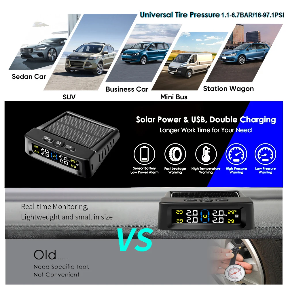 Car TPMS Tyre Pressure Monitoring System Solar Powered