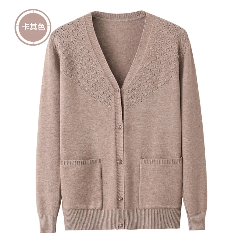 중년 여성 스웨터 가디건, 긴팔 V넥 니트 코트, 싱글 브레스트, 고품질 상의, 봄 가을 패션