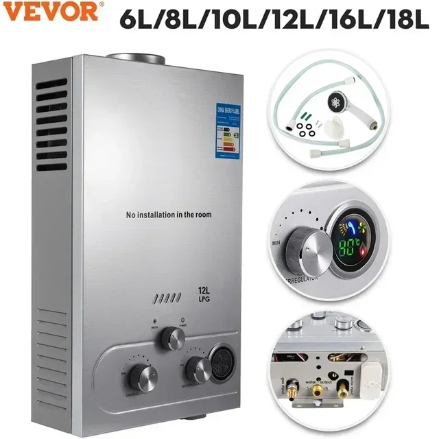 VEVOR-Chauffe-eau sans réservoir au gaz GPL, gaz propane, acier inoxydable, bomicrophone, kit de douche de camping, 6L-18L 1