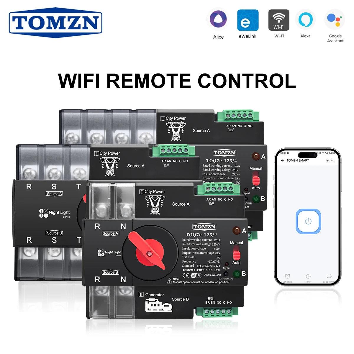 TOMZN TOQ7e-125/2 eWelink 2P 3P 4P WIFI smart ATS timer 230V Dual Power Automatic Transfer Selector Switch Uninterrupted Remote Control 125A