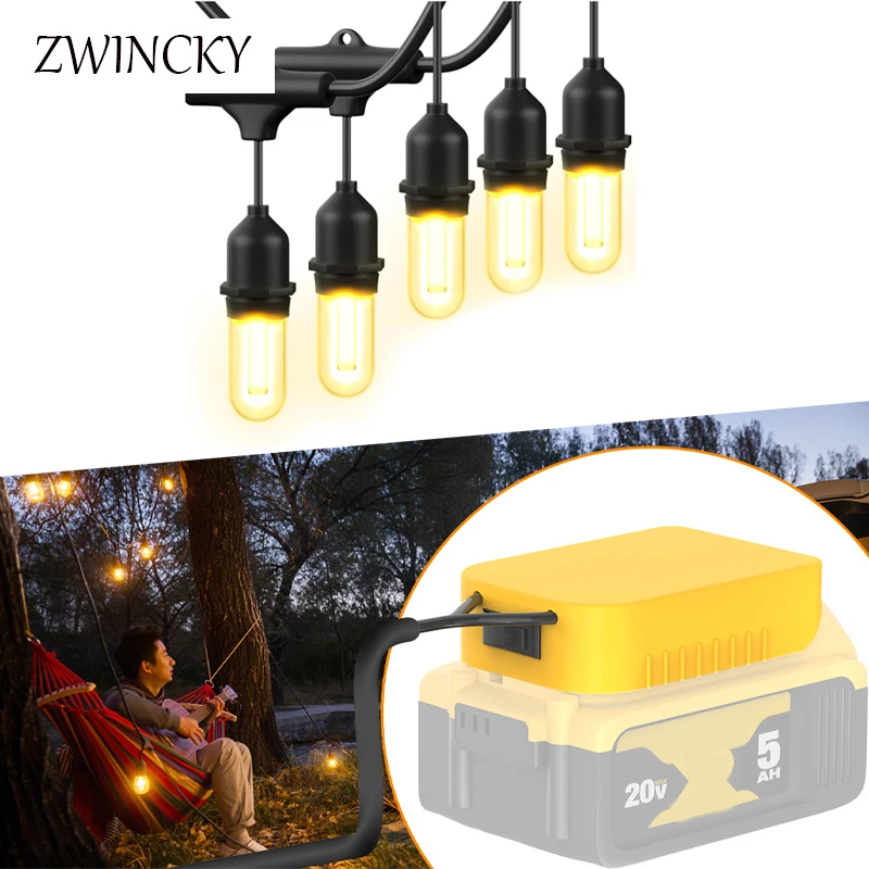 Dewalt 휴대용 무선 LED 야외 스트링 조명, 32FT, 18 V, 20V 배터리용, 비산 방지 LED 전구 10 개, 방수 걸이식