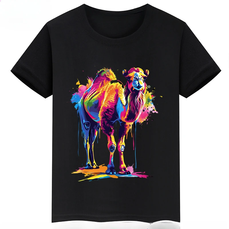 thumbnail image 1 of Ropa infantil con estampado de dibujos animados de camellos, camisetas negras de manga corta de verano para niños, camisetas de algodón personalizadas para niños y niñas, 1 of 4