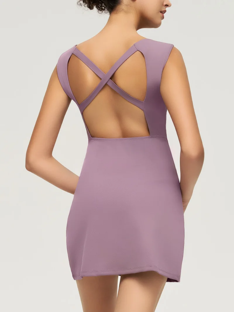New Hollow Out Back Shaping Padded Dress Tight One-piece Sleeveless Outdoor Sports Yoga Skirt Women's