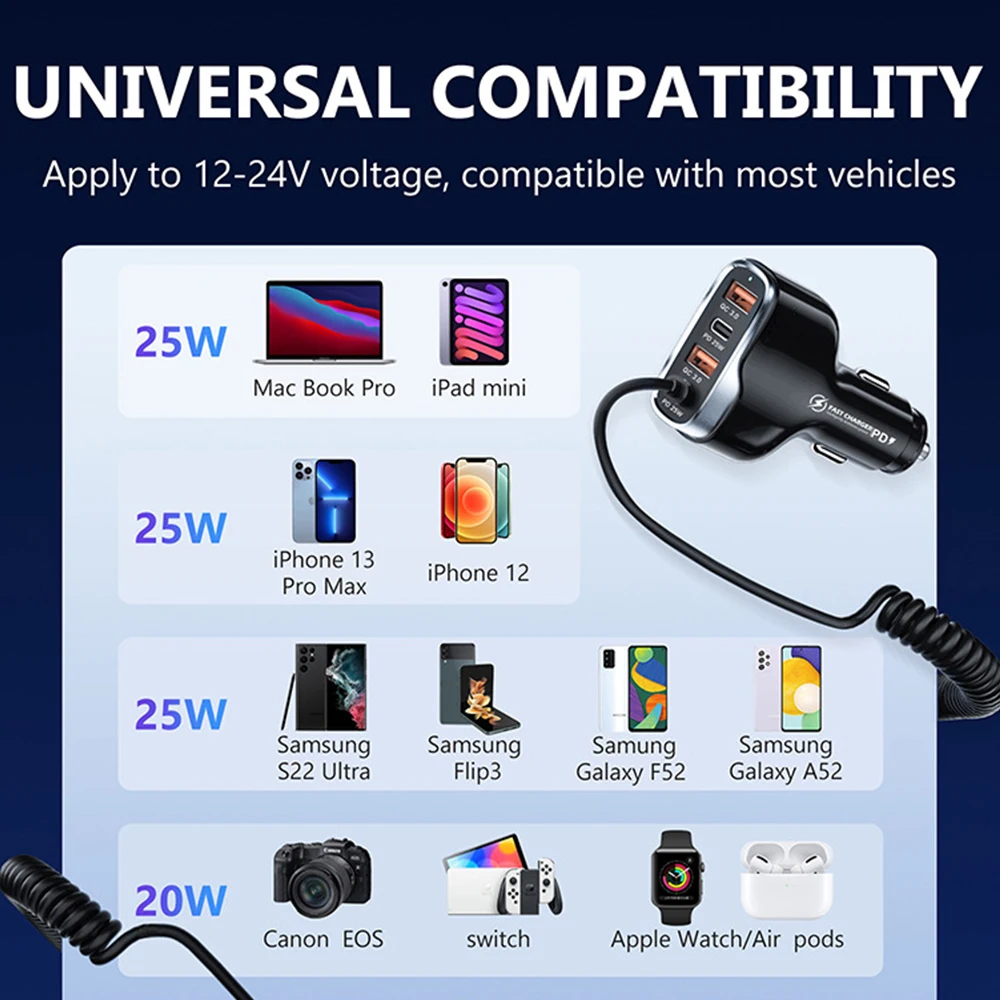 50W USB C Car Charger PD 20W QC3.0 18W PPS 25W With Fast Type C Coiled Cable For IPhone 14 13 Samsung S22 Mobile Phone Adapter