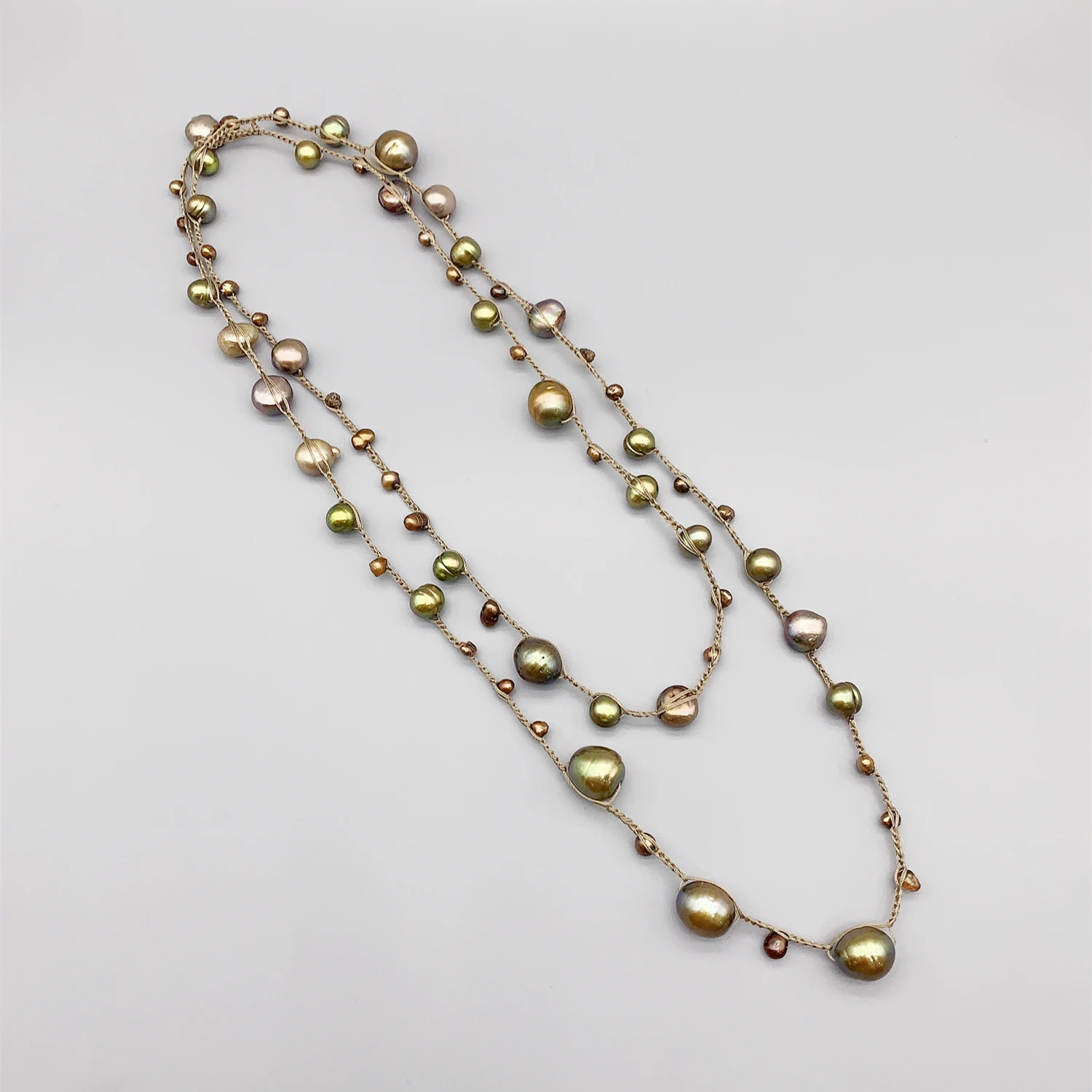 

FoLisaUnique Green Freshwater Potato Baroque Pearl Necklace Rope Cord Braid Crochet Trendy Long