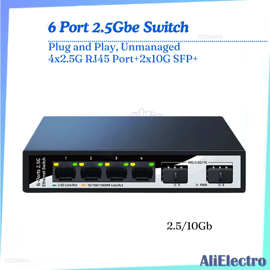 2.5gb Ethernet 4 2.5G Network 2 Port 10gbe SFP+ Slot Home Lab Switch Unmanaged Plug and Play