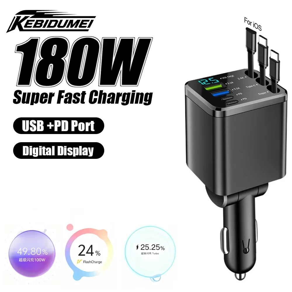 ที่ชาร์จแบตในรถ 180W ชาร์จเร็ว PD30W พร้อมจอแสดงผล