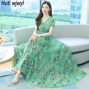 2024 Summer Casual Boho Vacation Long Sundress Vintage Bodycon Party Midi Vestidos Women Beach Style Floral Chiffon Maxi Dresses