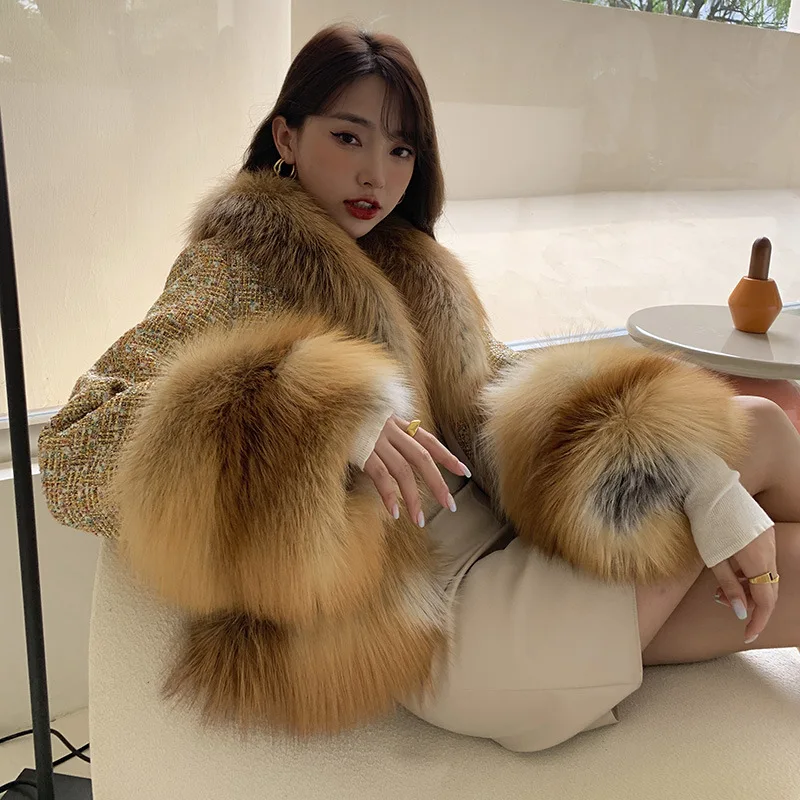 2023 Winter The New Legitimate Fox Fur Coat Luxury Red Fox Collocation High-end Tweed Fur Sleeves Sash Slim Fit Women Short Mod