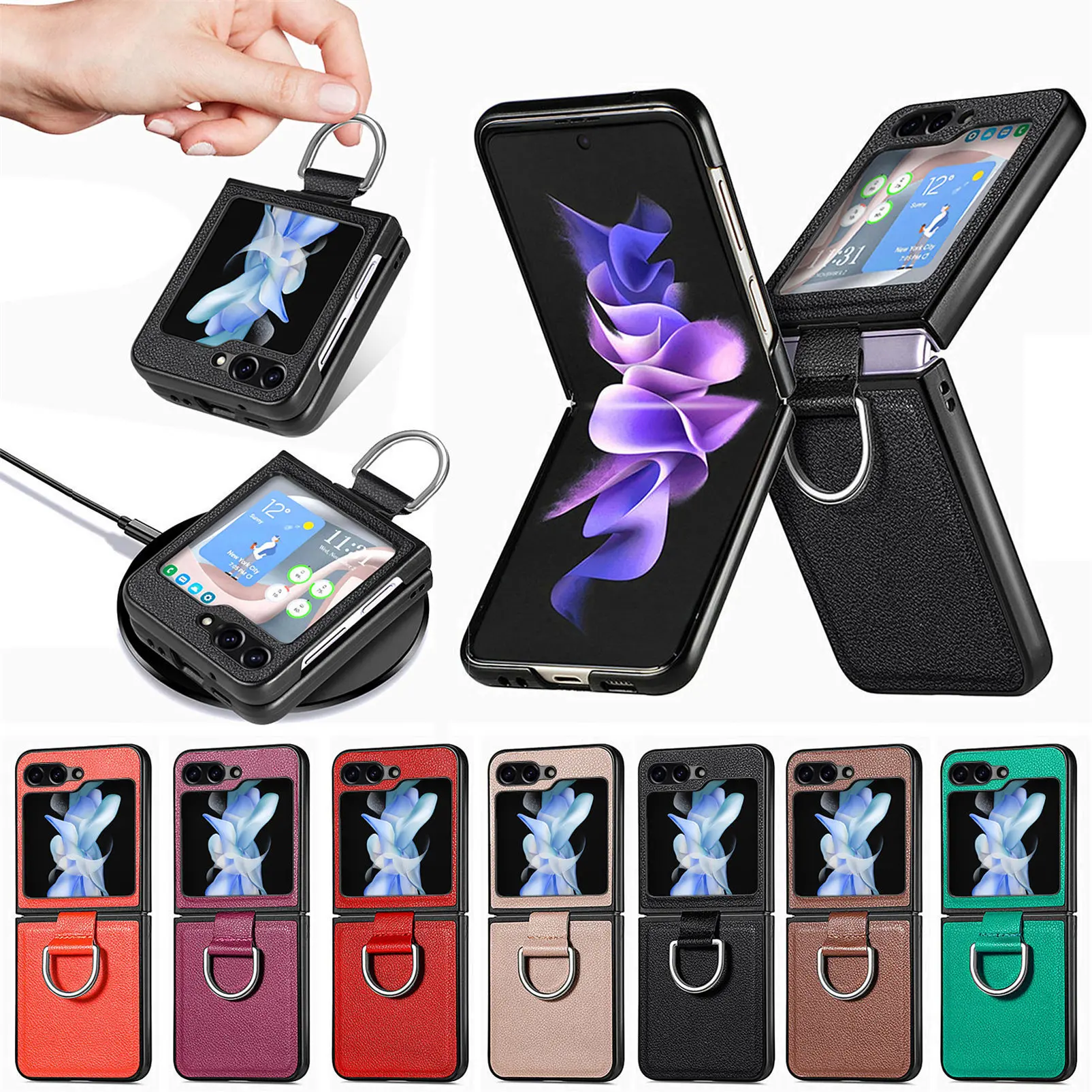 Lychee Pattern Leather Ring Phone Case in Pure Color