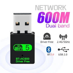 High - Speed Dual - Band USB WiFi & Bluetooth 5.0 Adapter - 600Mbps Wireless Network Receiver with Driver - Free Installation (2.4G - 5G - AC600 - BT5.0)