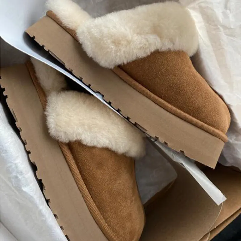 

Winter Women Fur Slippers Warm Boots Platform Flip Flops 2022 New Short Plush Flats Home Cotton Shoes Suede Mules Ladies Boots