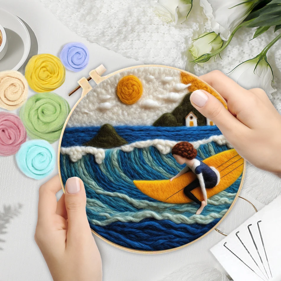 PhotoWool Felt Painting With Embroidery Creative Seascape Painting Handmade DIY Wool Frame Needle Decor New