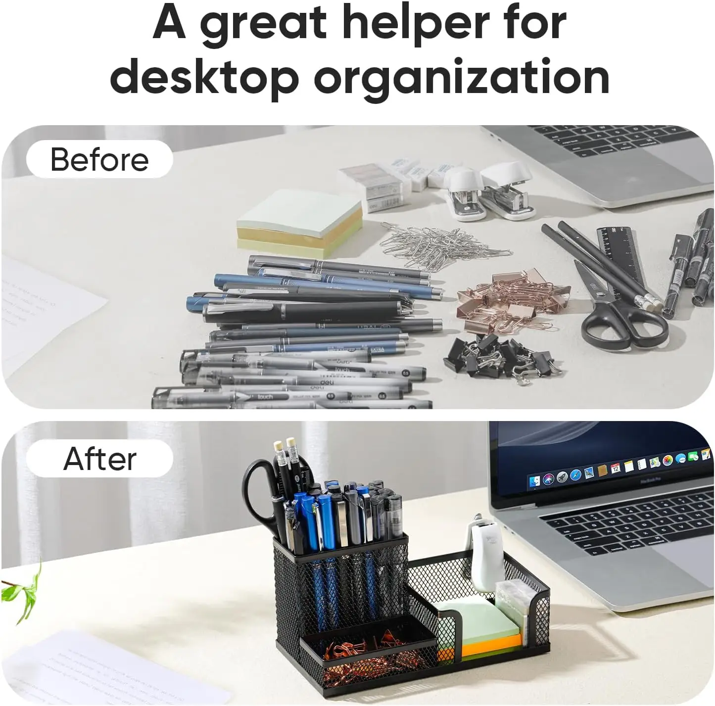 Organizzatore da scrivania in rete per forniture da ufficio con portapenne e cestini portaoggetti per accessori da scrivania, 3 scomparti, nero - immagine 4
