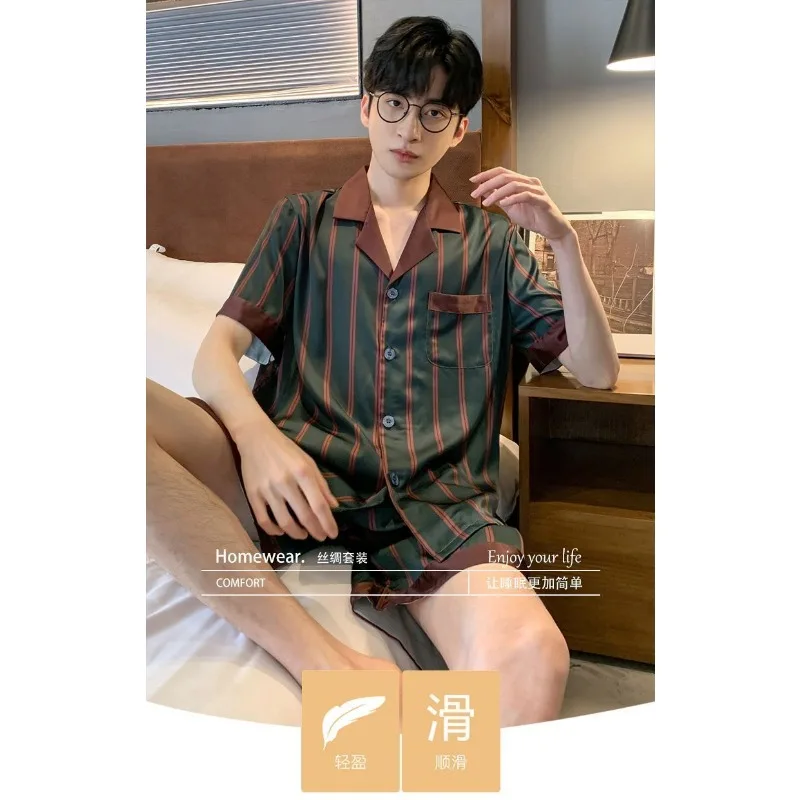Men Spring Autumn Long Sleeve Ice Silk Senior Sense Home Wear Summer Thin Imitation Silk Four Seasons Summer Short Sleeve Suit silk pajamas,man pajamas set