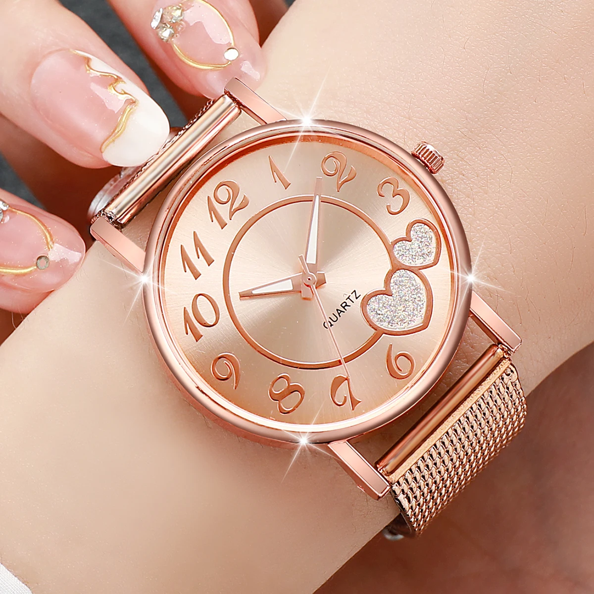 3pcs/set Women Fashion Plastic Strap Quartz Watch Rose Gold Gold Silver Set 3