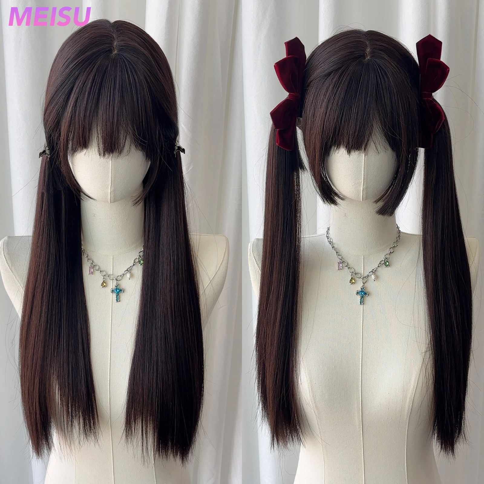 MEISU – perruque synthétique lisse au thé noir de 24 pouces, cheveux naturels lisses résistants à la chaleur, perruques de fête élégantes pour femmes