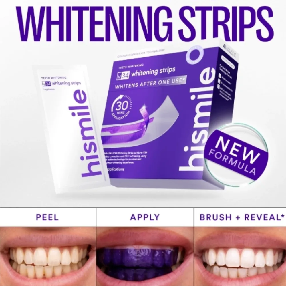 Hismile v34 tiras de clareamento dental marca original remover amarelo boca limpa cuidados dentários clareia após um uso remendo de dentes roxos 6