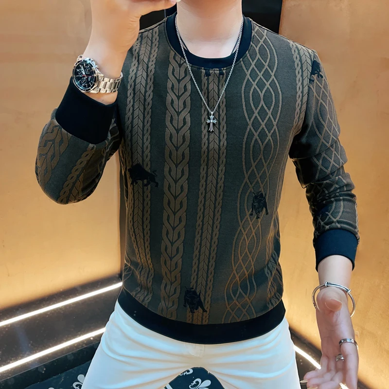 

Зимняя европейская одежда 2024, модные футболки с золотым принтом, необычный пуловер, Мужская толстовка, джемпер большого размера, одежда с акваландом и круглым вырезом