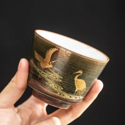 Cranes sample tea cup single glass ceramic kung fu tea set large household kitchen retro hand-painted gold crane cup, maste