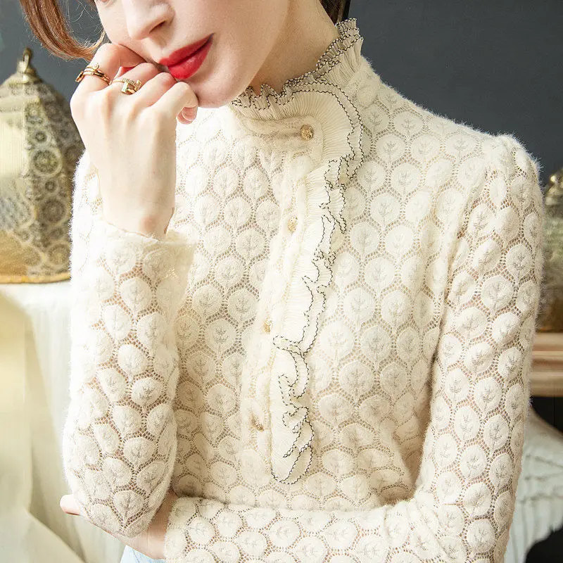 

Long Sleeve Turtleneck Lace Patchwork Shirt Femme Blusas All-matching Women Spliced Blouse Button 2023 New Top T347