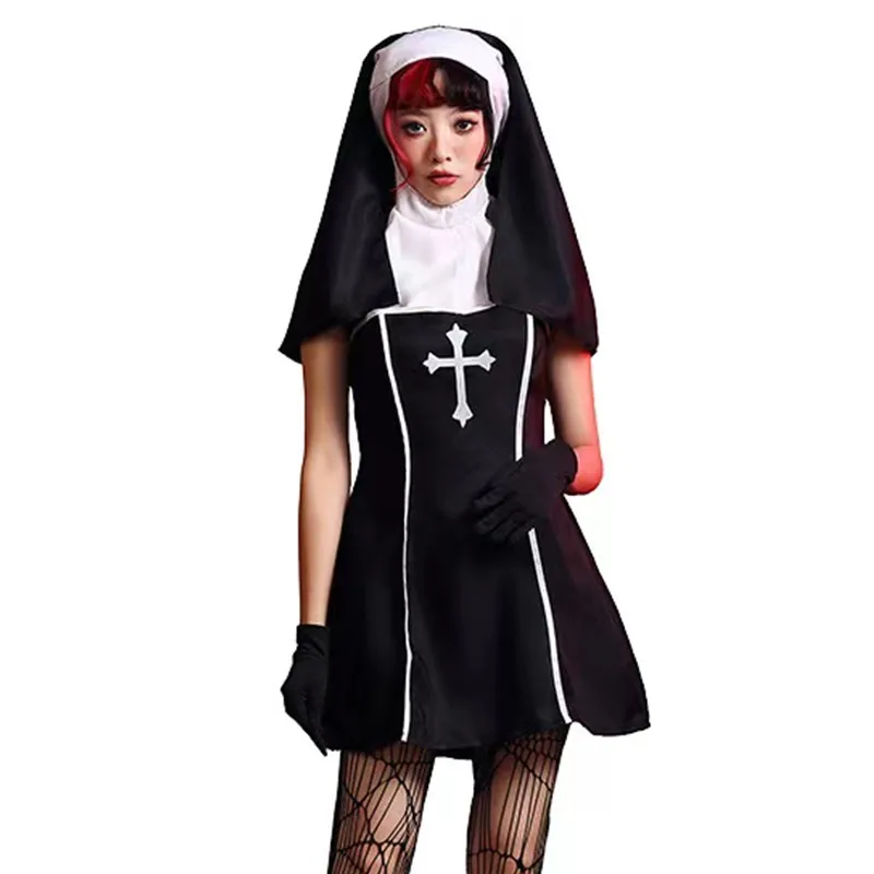 

Black Cross Print Women Halloween Nun Costume Female Priestess Cosplay Carnival Purim Parade Nightclub Bar Role Play Party Dress