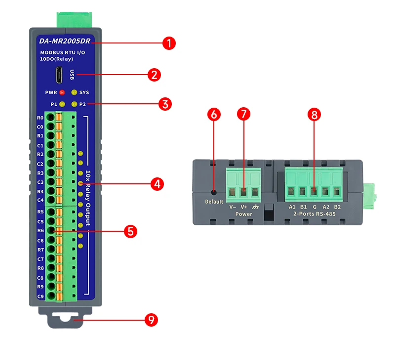 10CH DO Remote I/O Module Din-rail Support  2Ports RS-485 Modbus RTU Protocol In