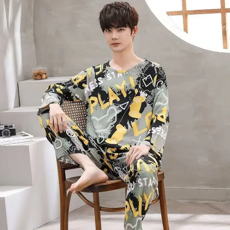 Men Pajama Set Long Sleeves Trousers Nightwear Homewear Large Size Breathable Student Letter Sleepwear Loungewear Two-Piece Set