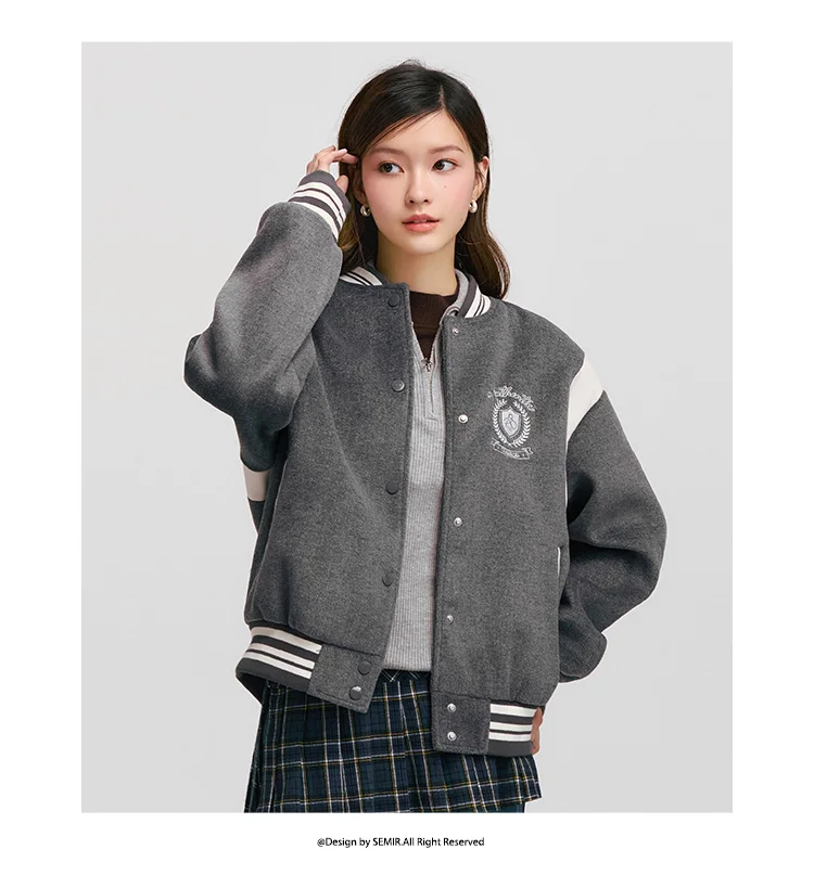 Coat Women Embroidery Patchwork Contrast Color Loose Jacket New Winter Imitation Woolen Baseball Jacket
