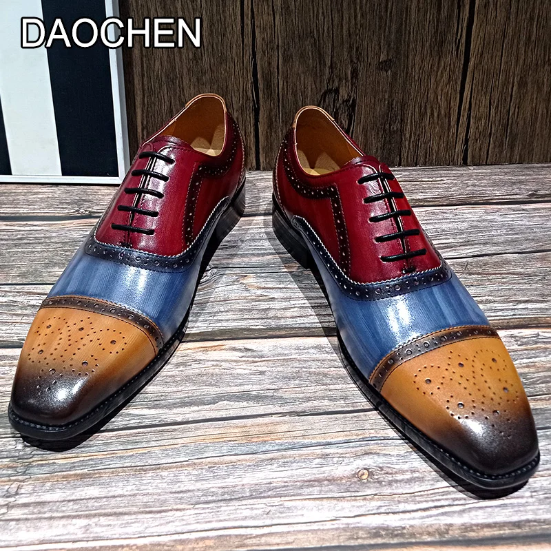 FASHION DESIGNER MEN LEATHER SHOES LACE UP POINTED MIXED COLOR CASUAL DRESS MAN SHOE WEDDING OFFICE OXFORD SHOES FOR MEN
