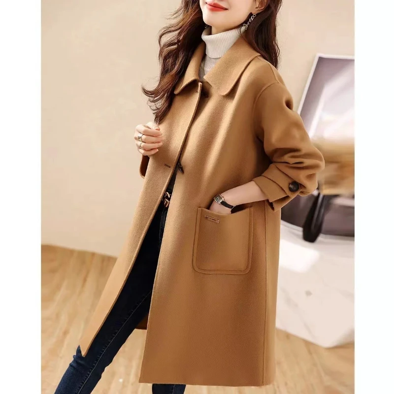 Wool & Blends Coat Women Korean Fashion New Office Lady Single Button Winter Coats Pocket Camel Mid Length Trench Coat for Women