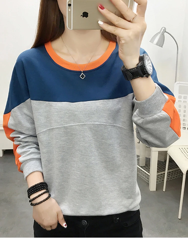 

2022 Spring Autumn Cotton T Shirt Women Contrast Color Top Long Sleeve T shirts Fashion Casual Tshirt Female New Tee Shirt Femme