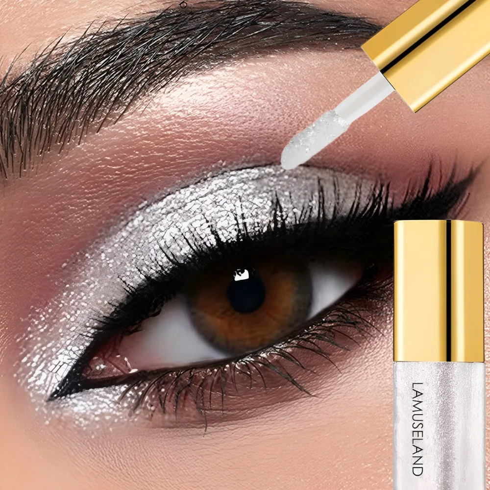 צלליות נוזליות לאיפור עיניים טבעיות עשויות מכסף עשן מבריק עם גוון יהלומים לעפעפיים עמידות במים והדגשת יופי